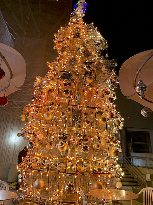 Shopping Cart Christmas Tree at the Santa Monica Travel & Tourism (SMTT) visiting center on Main St.